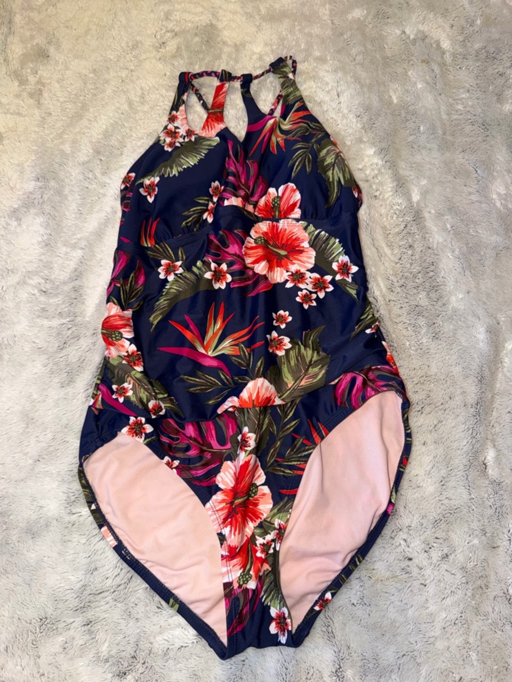Kona Sol Navy Floral High-Neck One-Piece Swimsuit with Pink & Coral Hibiscus